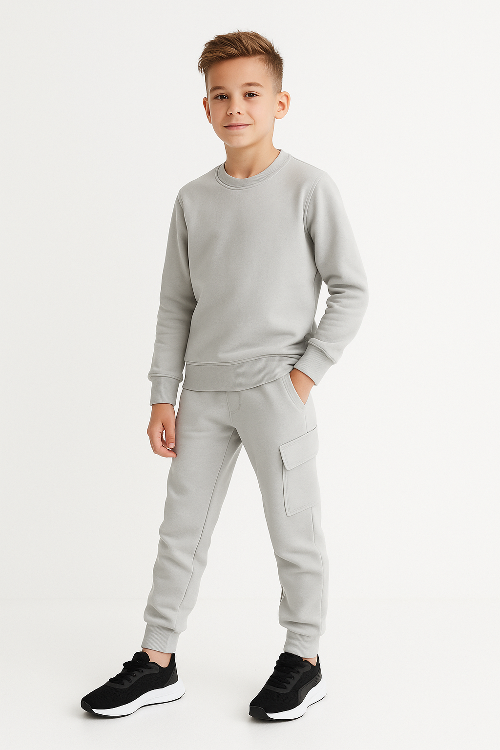 jongens in lichtgrijs joggingpak