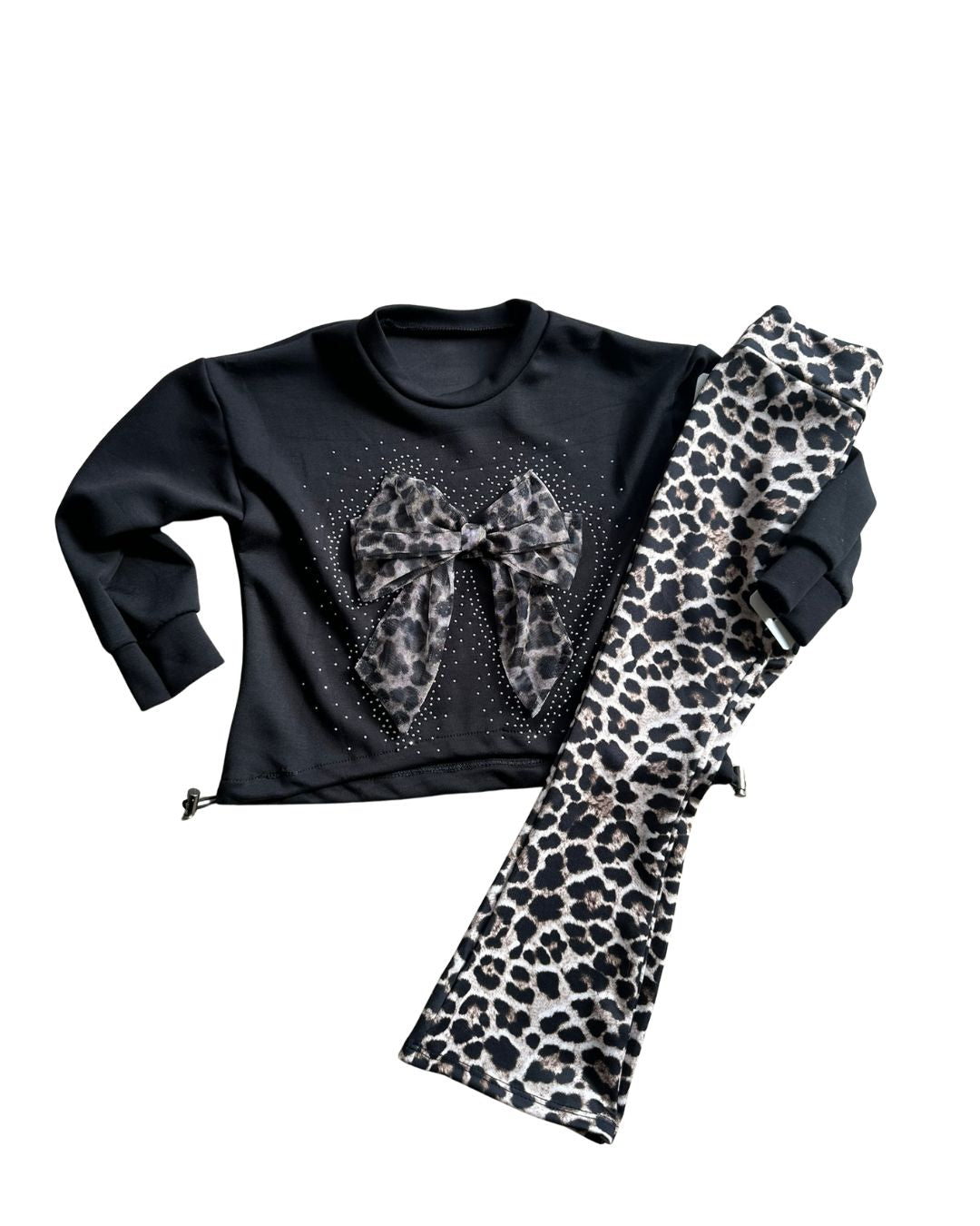 Leopard print kinderkleding set 2-delig - sweater met strik applicatie en flair broek, verkrijgbaar in zwart strikdetail