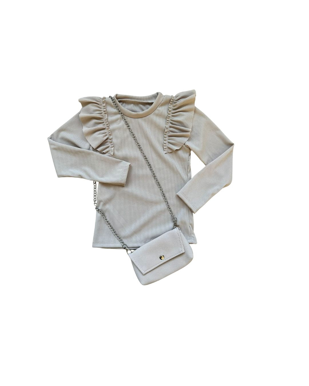 Rib shirt met Ruches en Bijpassend Tasje beige tasje inclusief