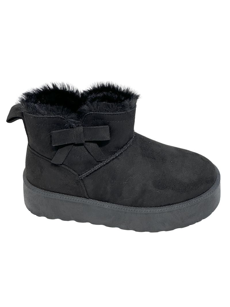 Kinder enkellaarsjes met bontvoering, 3 cm plateauzool en strik, zwart. Warm, stijlvol en comfortabel – perfect voor koude dagen.