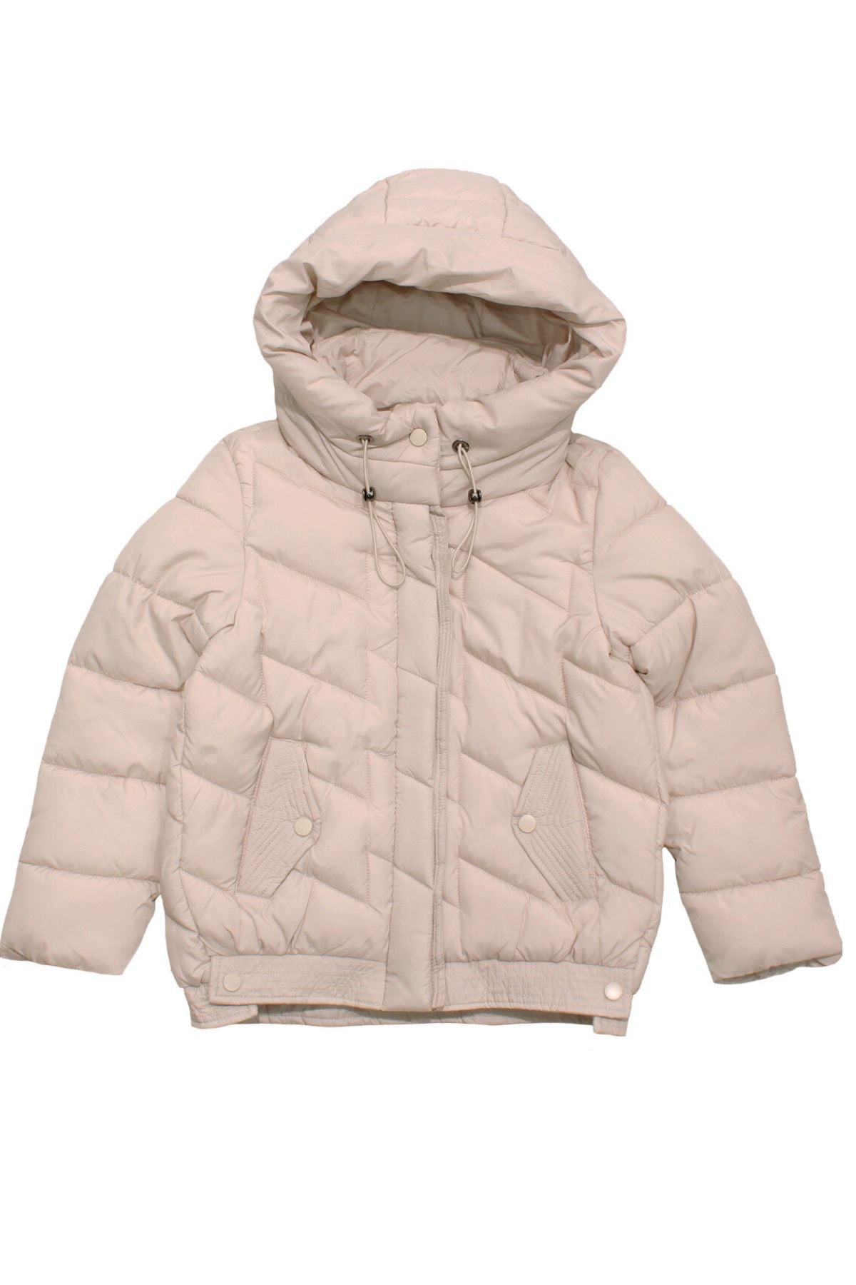 Korte pufferjas voor meisjes in Creme Beige , ideaal voor herfst en winter. Lichtgewicht, warm en stijlvol. Gemaakt van 100% polyester en makkelijk te combineren met elke look. front