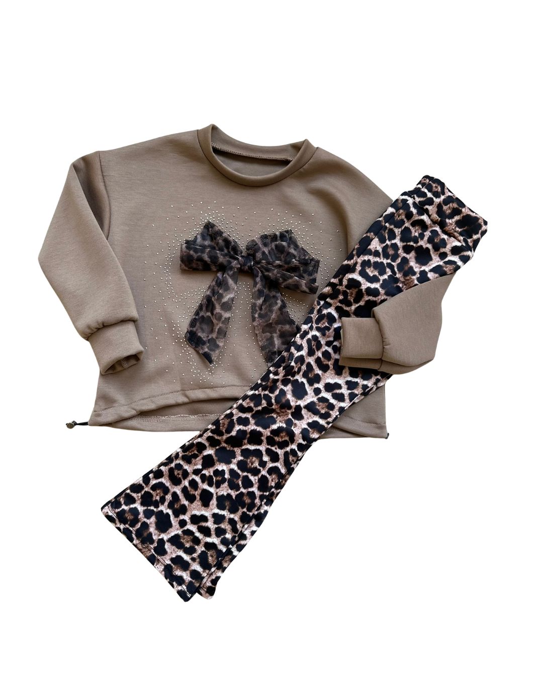 Leopard print kinderkleding set 2-delig - sweater met strik applicatie en flair broek, verkrijgbaar taupe
