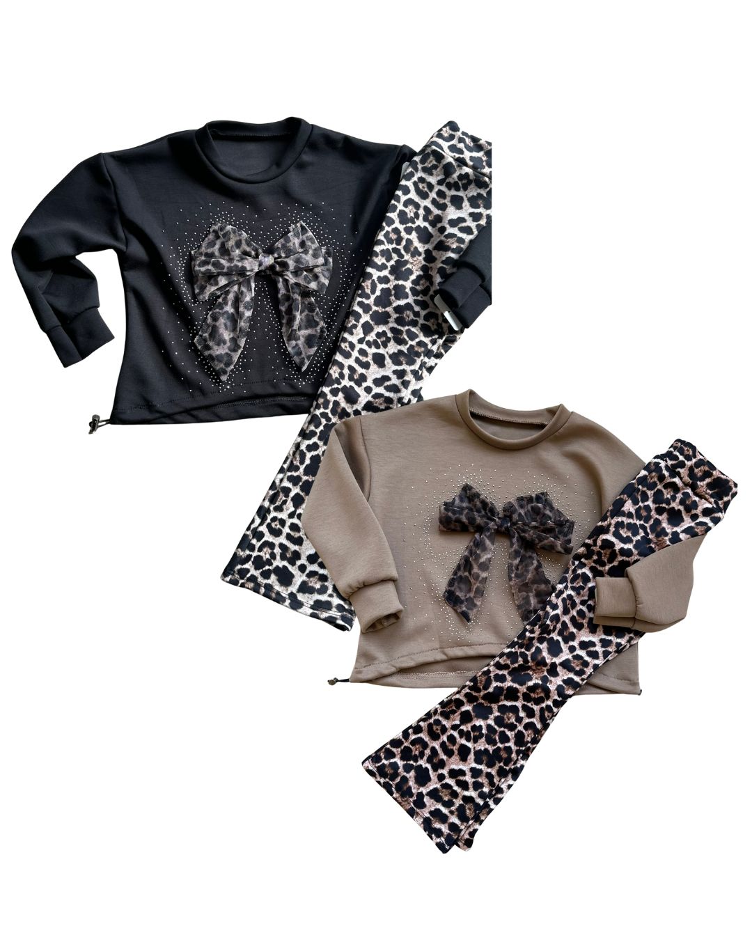 Leopard print kinderkleding set 2-delig - sweater met strik applicatie en flair broek, verkrijgbaar in zwart en taupe 4 tot 14 jaar front
