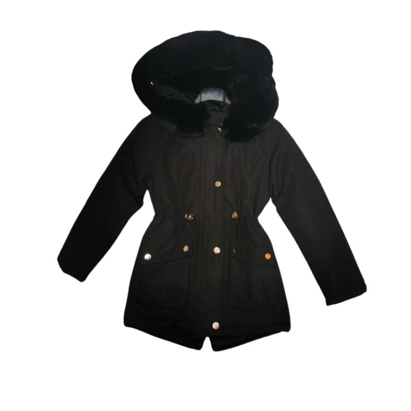 Lange meisjesjas voor herfst en winter in zwart, gemaakt van stretch polyester voor optimaal comfort en bewegingsvrijheid. Warm, licht en stijlvol – ideaal voor koude dagen.