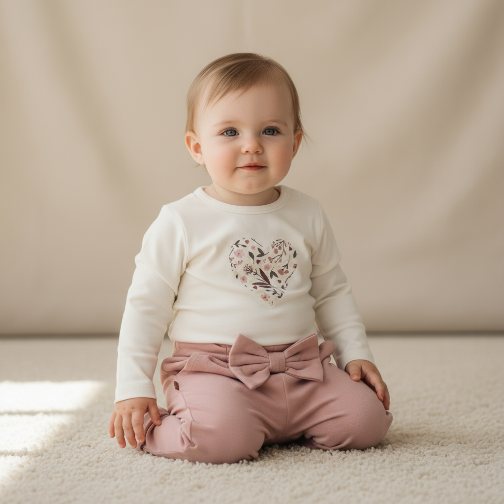 Babymeisje in outfit met bloemenhart shirt