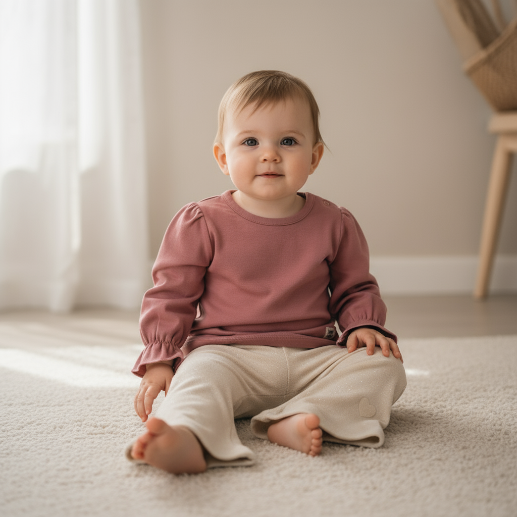 Babymeisje van 1 jaar in roze shirtje met ruches en crème flared broek