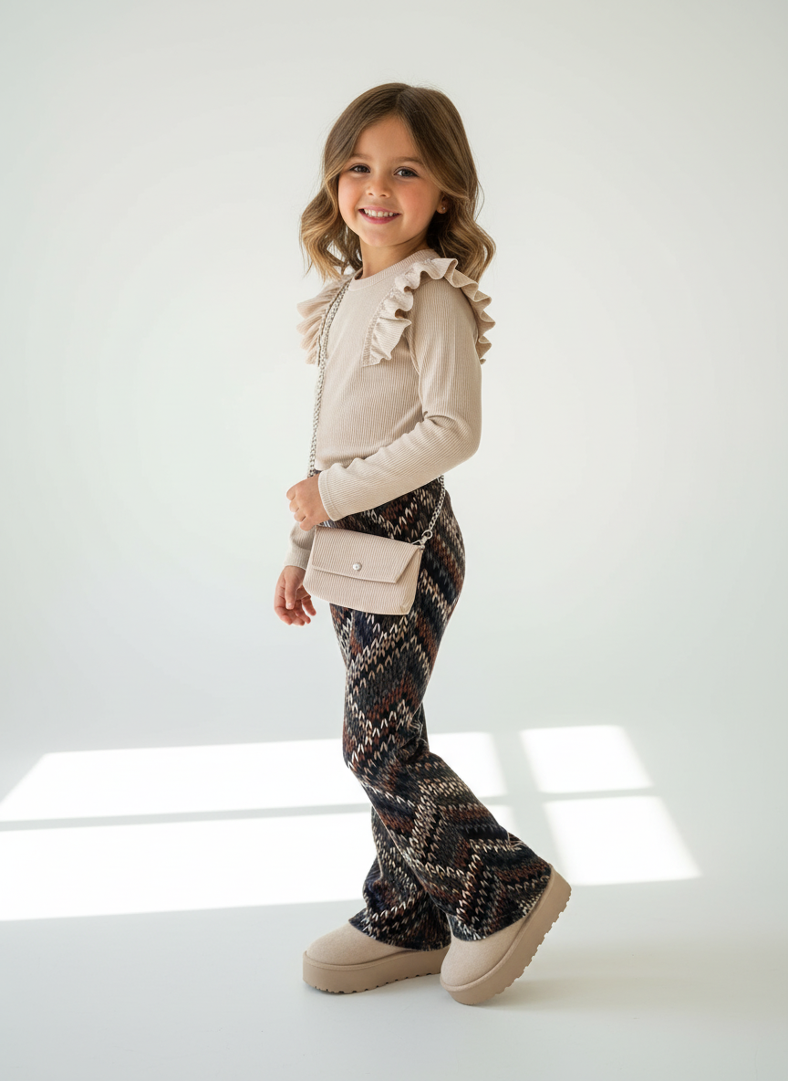 Flared Broek Zigzag Patroon beige boots front