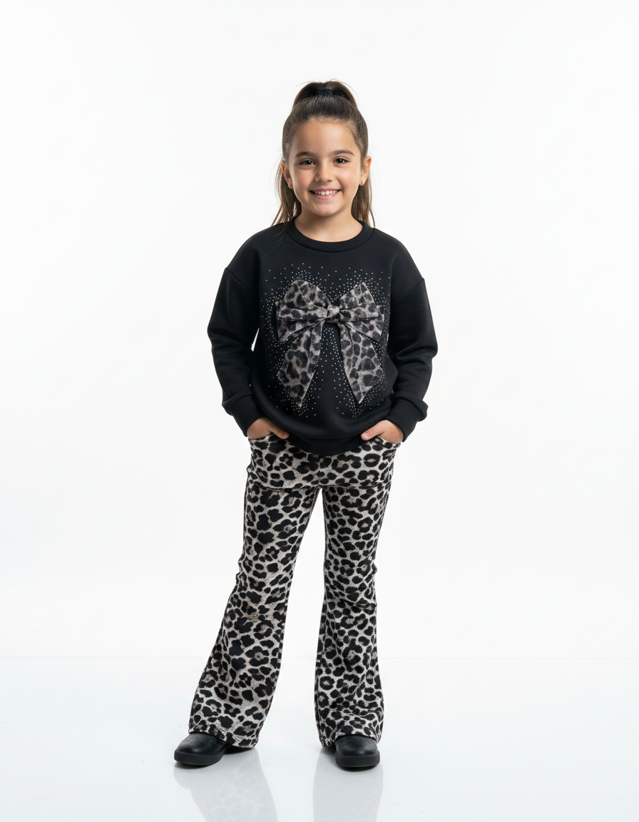 Een 7-jarig meisje in de zwarte leopard print set zwart
