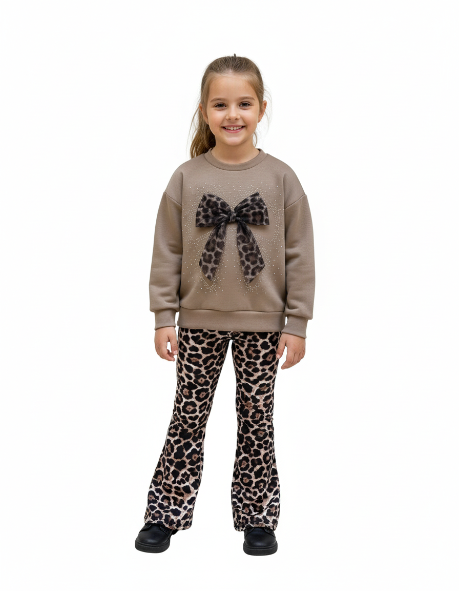 Set Leopard Print - Strik Sweater & Flair Broek Meisjes beige