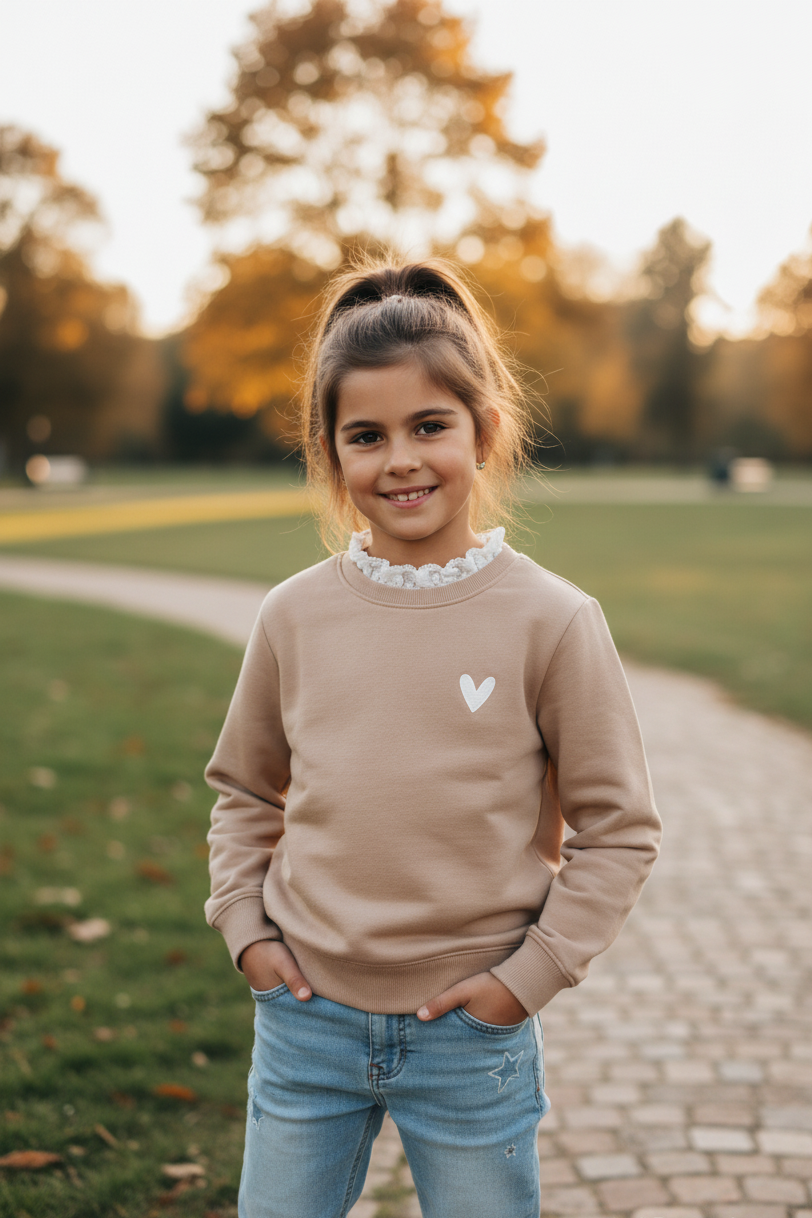 Generated image of a 9-year-old girl wearing the beige sweatshirt with a denim jeans