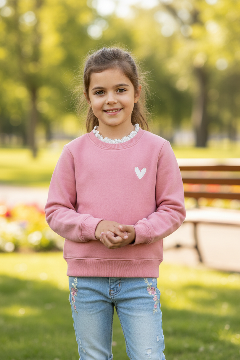 Generated image of a 9-year-old girl wearing the pink sweatshirt with a denim jeans