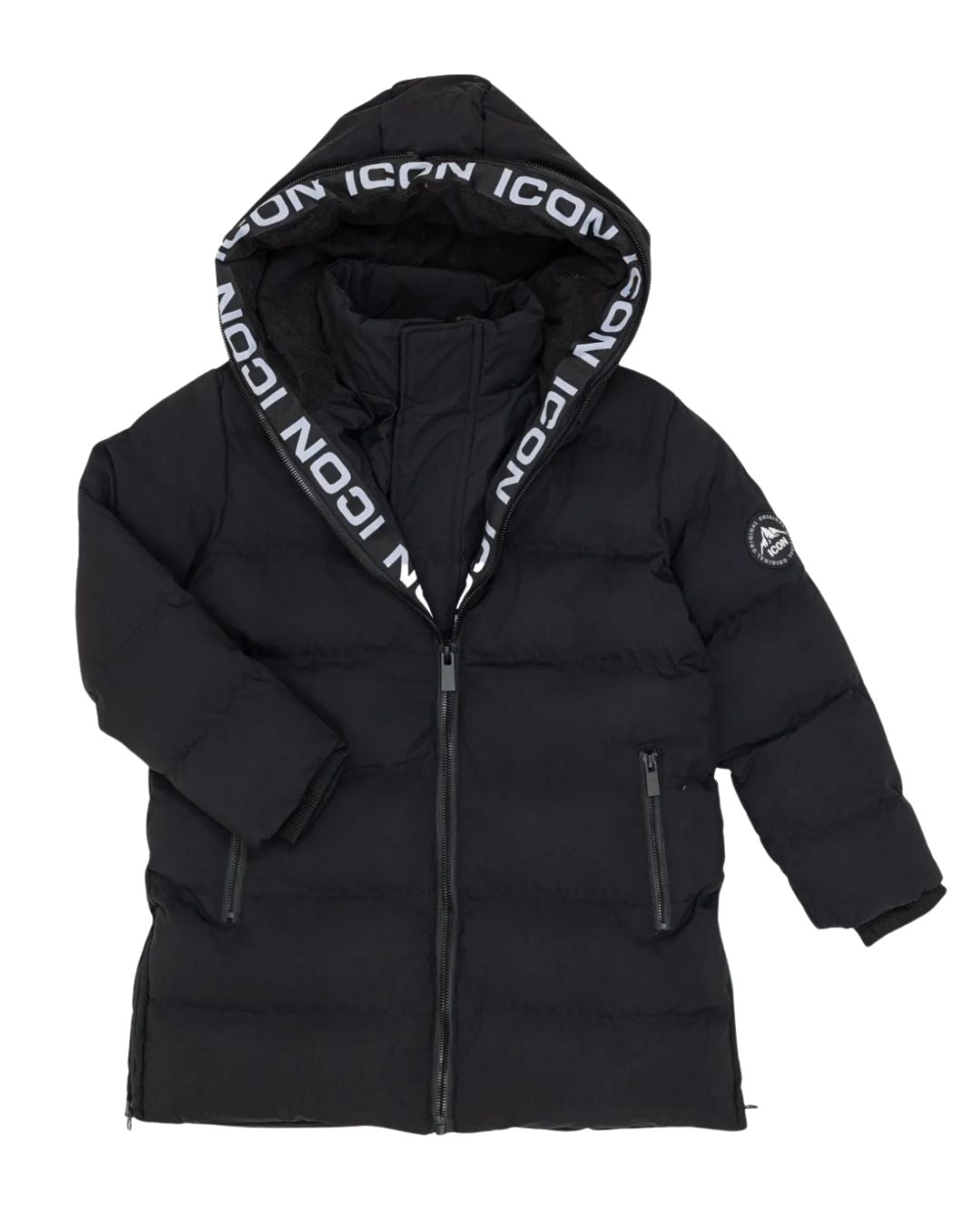 ICON winterjas voor kinderen – gewatteerde kinderjas met warme voering, capuchon met ICON-branding en winddichte ritssluiting. Stijlvol, comfortabel en ideaal voor koude winterdagen. Verkrijgbaar in meerdere maten. front