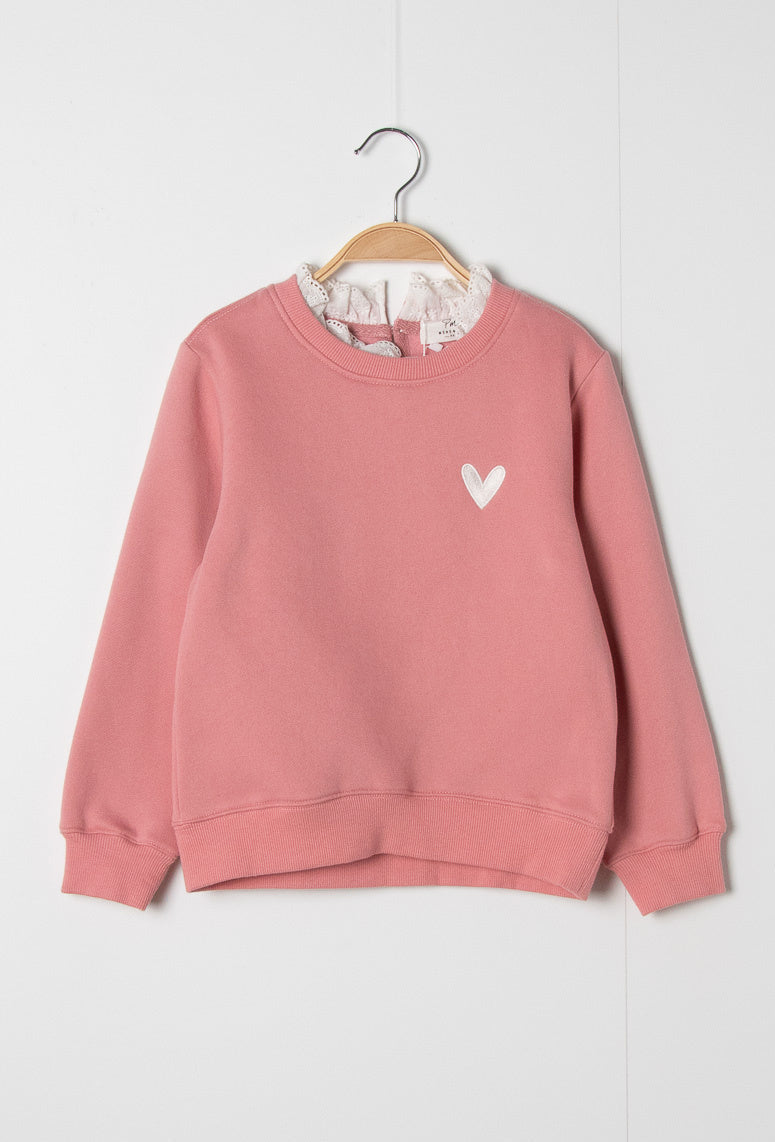 PM Mère & Fille meisjestrui – roze sweatshirt met kant en hartjesborduursel – herfst/winter – maat 24m t/m 12 jaar front