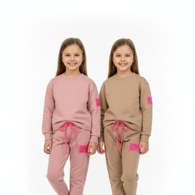 Twee 7-jarige meisjes in de comfortabele joggingsets applicatie