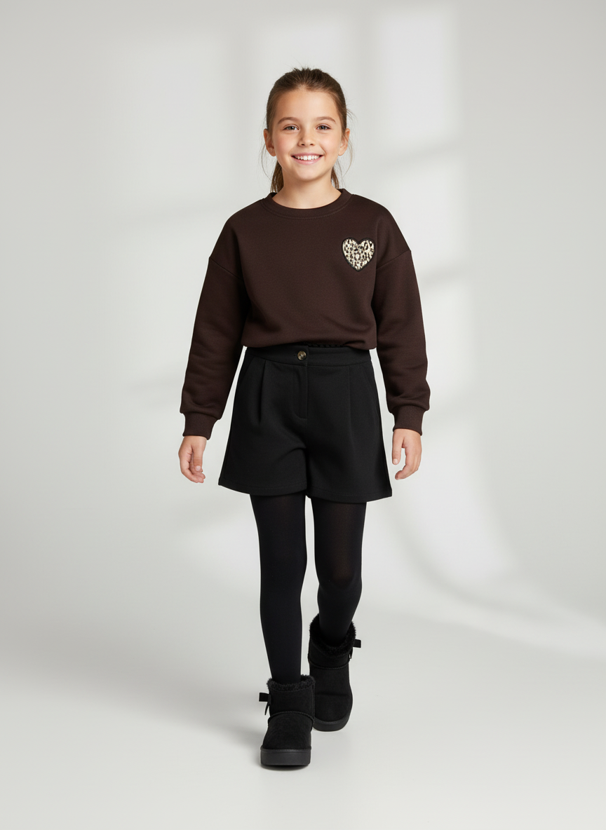 winter short zwart front met bruine trui rits en knoop