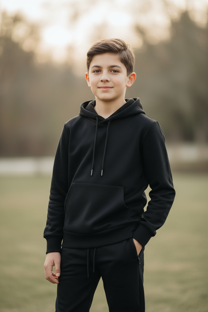 10-jarige jongen in zwarte joggingset