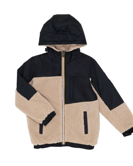Stoere winterjas teddy & glad – beige/zwart – kinderen front