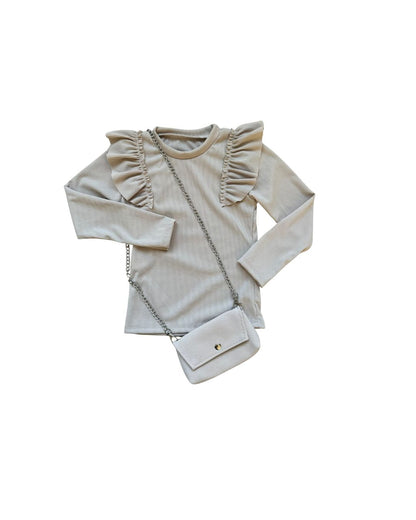 Rib shirt met Ruches en Bijpassend Tasje beige tasje inclusief