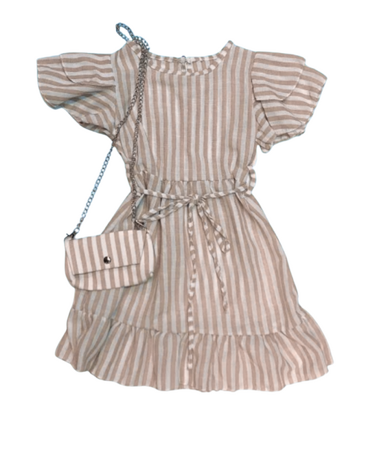 Streepjes jurk Beige - 2-Delig jurk met ceintuurtje en tasje