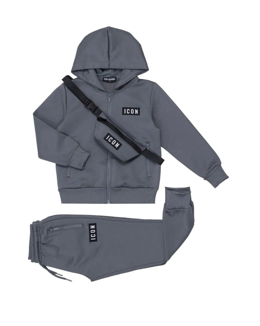 ICON jongens joggingpak grijs – met rits vest en bijpassende tas – maat 4 t/m 14 jaar