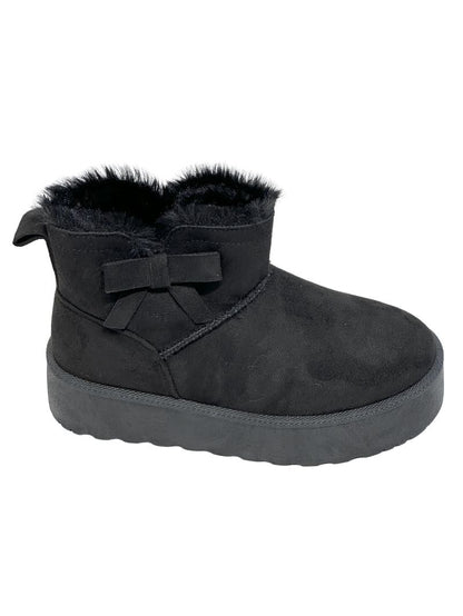 Kinder enkellaarsjes met bontvoering, 3 cm plateauzool en strik, zwart. Warm, stijlvol en comfortabel – perfect voor koude dagen.