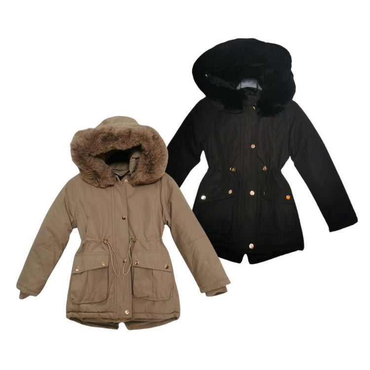 Lange meisjesjas voor herfst en winter, in het zwart en beige gemaakt van stretch polyester voor optimaal comfort en bewegingsvrijheid. Warm, licht en stijlvol – ideaal voor koude dagen.