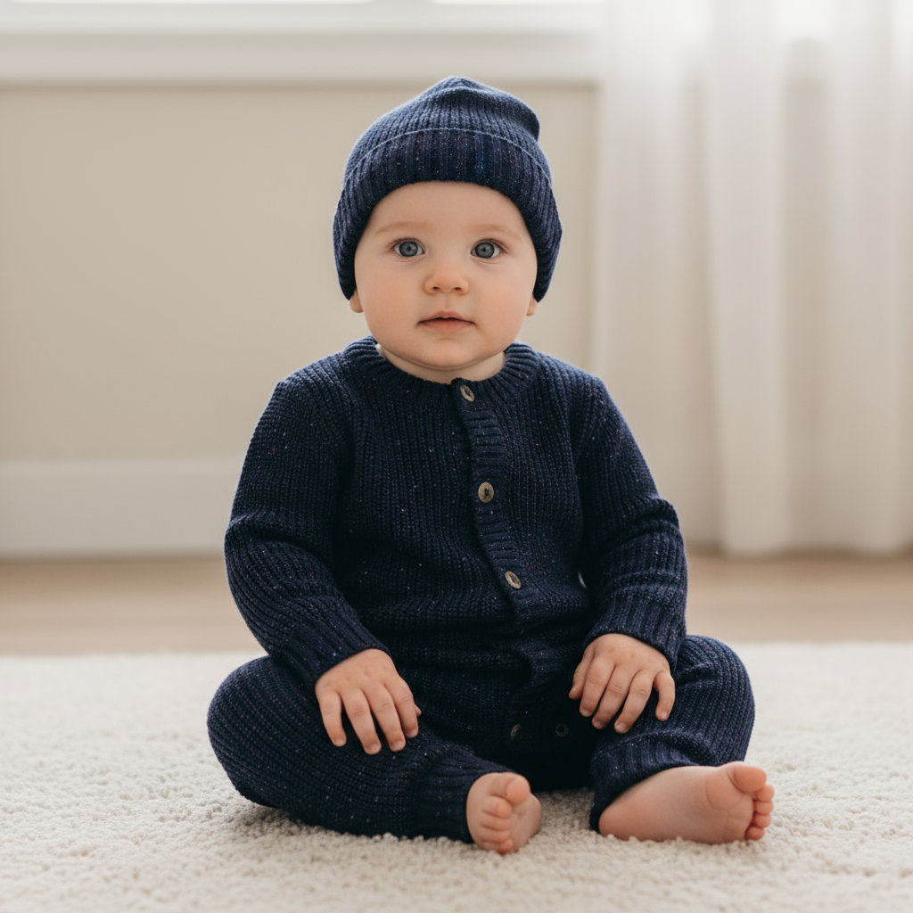 Babyjongen gebreid donkerblauw pakje en muts