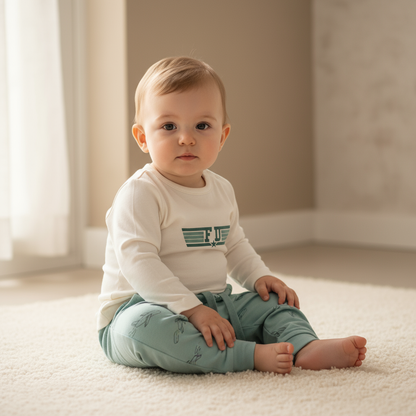 Babyjongen van 1 jaar in mintgroene broek met vliegtuigjes en FLY shirt