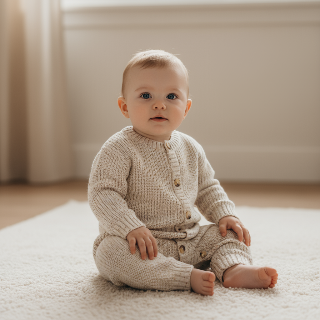 Babyjongen van 9 maanden in gebreid pakje met knoopjes