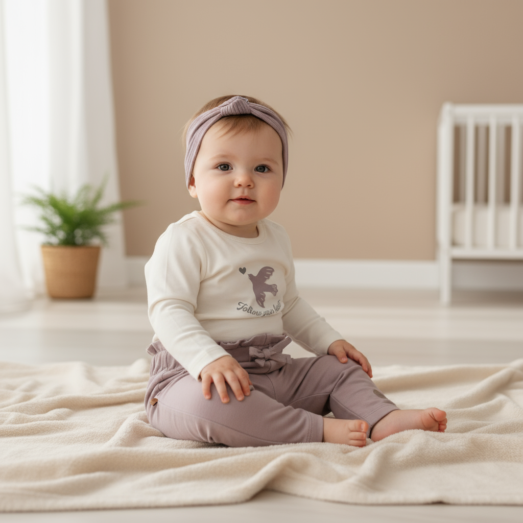 Babymeisje in complete outfit met broekje, shirtje en haarbandje