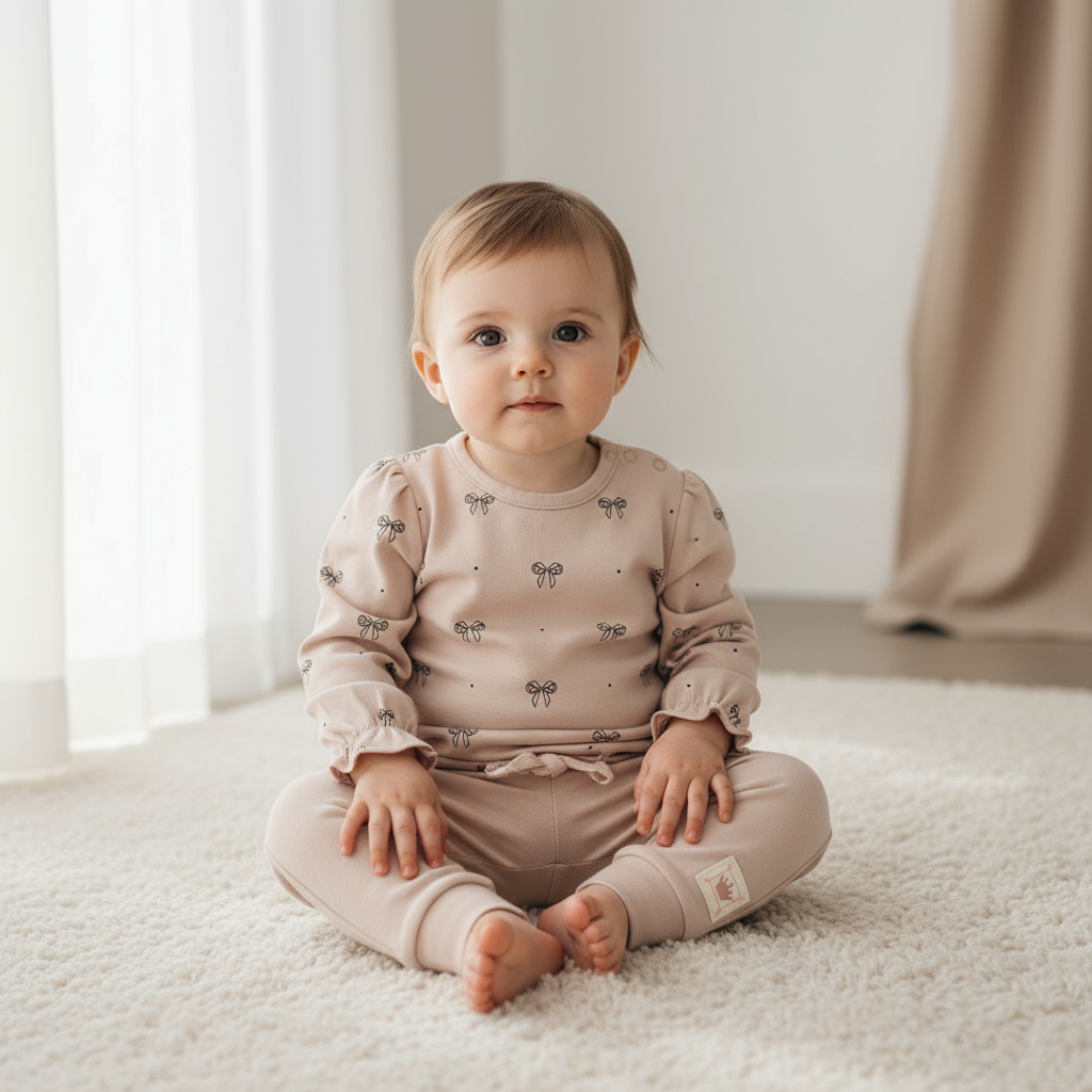 Babymeisje van 1,5 jaar in roze outfit met strikjesprint