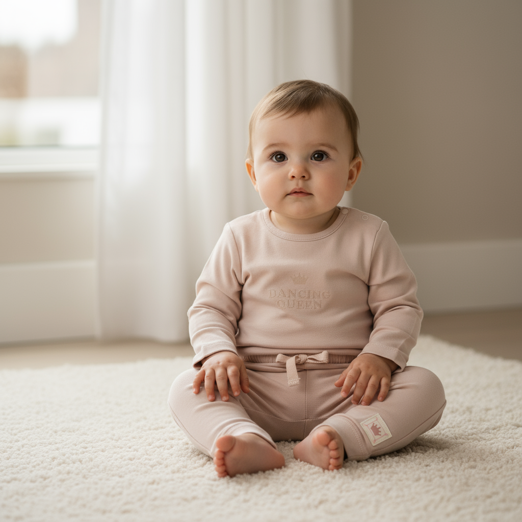 Babymeisje van 6 maanden in zachte roze outfit