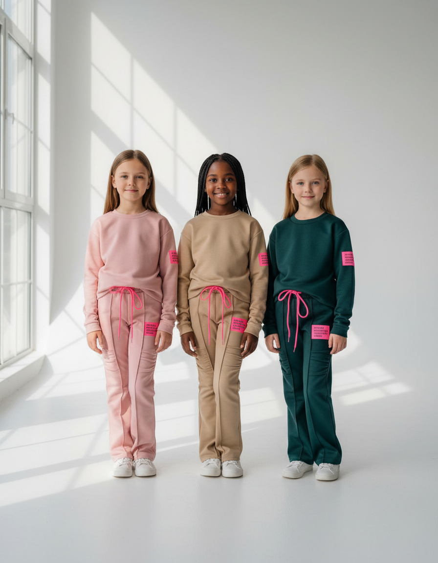 Drie meisjes in roze, beige en groen pak