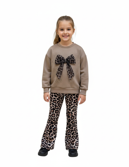 Set Leopard Print - Strik Sweater & Flair Broek Meisjes beige