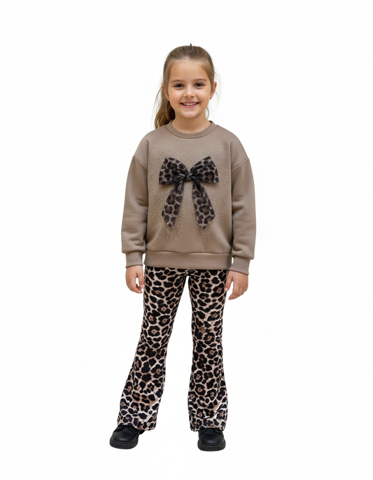 Set Leopard Print - Strik Sweater & Flair Broek Meisjes beige