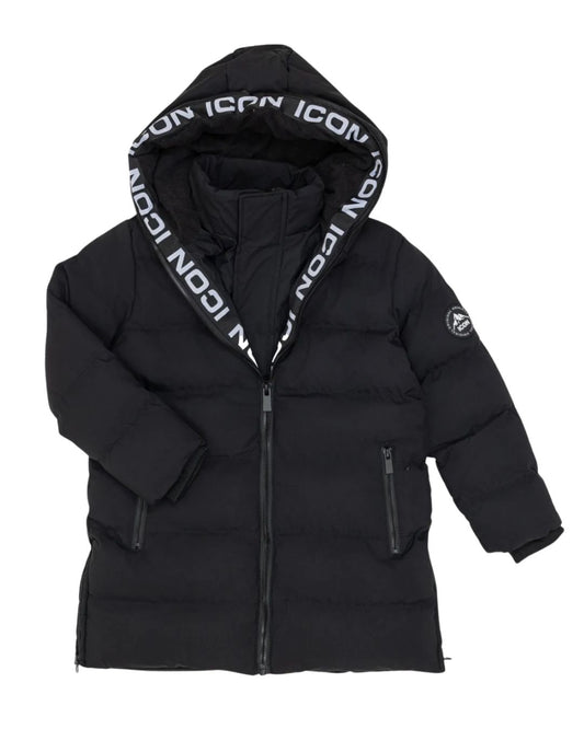 ICON winterjas voor kinderen – gewatteerde kinderjas met warme voering, capuchon met ICON-branding en winddichte ritssluiting. Stijlvol, comfortabel en ideaal voor koude winterdagen. Verkrijgbaar in meerdere maten. front