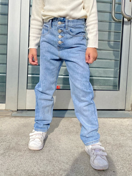Meisjes jeans – spijkerblauw – hoge taille & loose fit – Mini Mignon Paris front