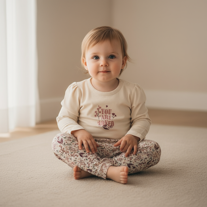 Meisje van 1,5 jaar in bloemenprint legging en YOU ARE LOVED shirt