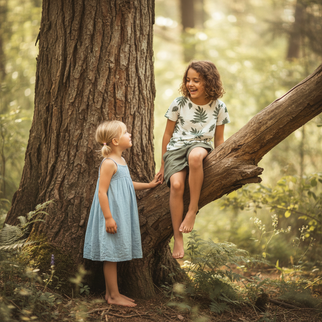 Natuurlijke foto meisjes bij boom