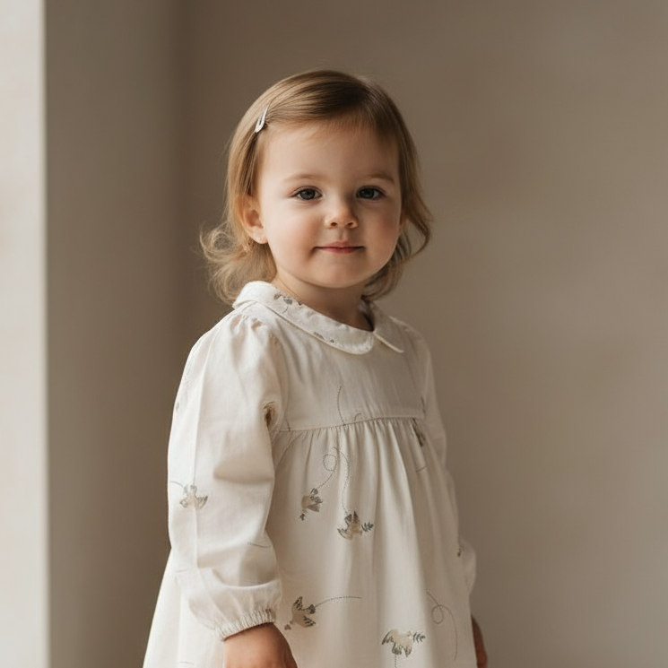 Staand peutermeisje in crèmewit jurkje met bloemenprint 2jaar