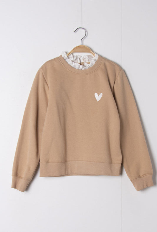 PM Mère & Fille meisjestrui – beige sweatshirt met kant en hartjesborduursel – herfst/winter – maat 24m t/m 12 jaar front