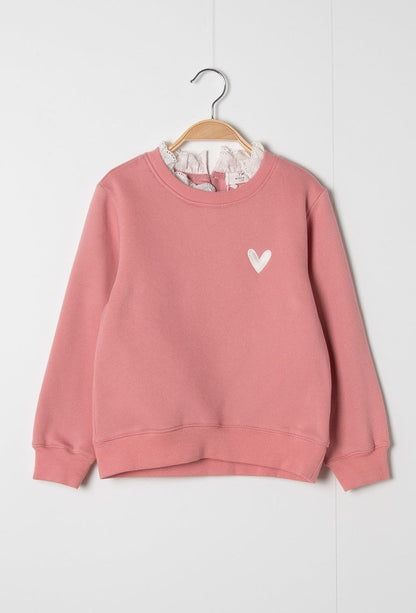 PM Mère & Fille meisjestrui – roze sweatshirt met kant en hartjesborduursel – herfst/winter – maat 24m t/m 12 jaar front