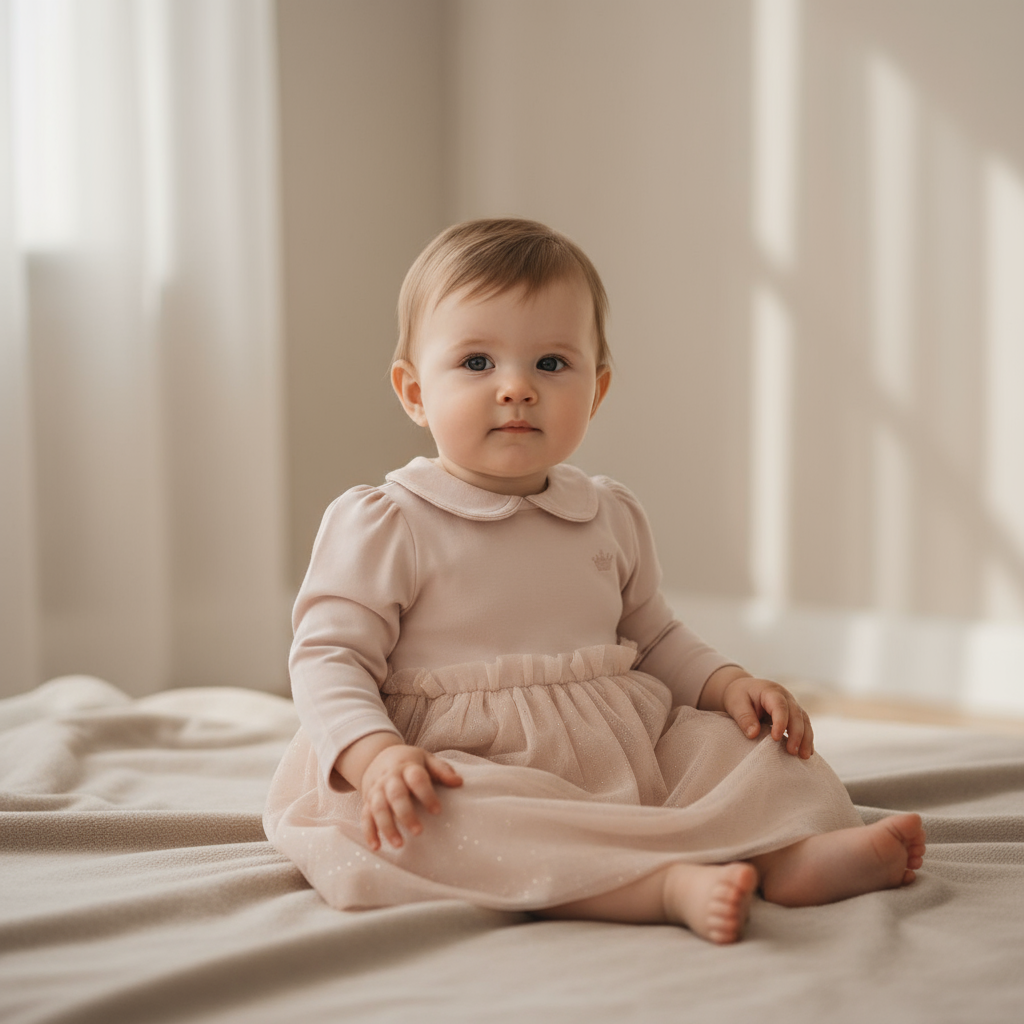 Zittend babymeisje in roze jurkje